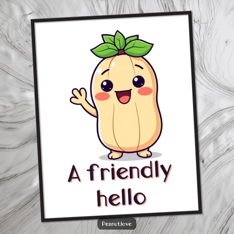 Funny digital art print of a smiling Kawaii peanut character waving hello, ready to bring cheer and warmth.
