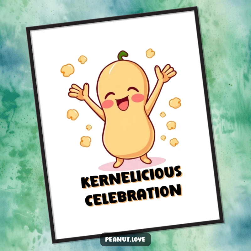 Funny Giggling Peanut Digital Art Print: A happy peanut giggling with arms up, amid popcorn. Instant funny art gift.