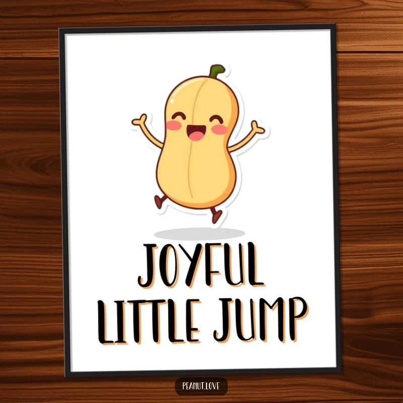 Funny digital art print of an excited peanut character wiggling its legs, about to perform a joyful jump.