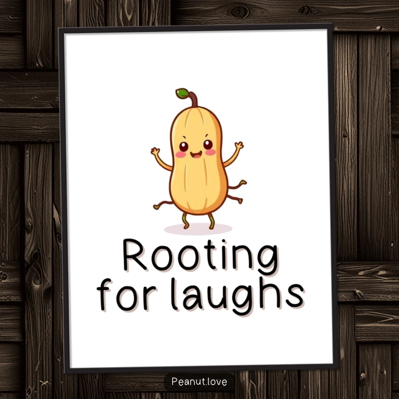Funny Kawaii peanut digital art print of a cute character with root legs performing an energetic, silly dance.