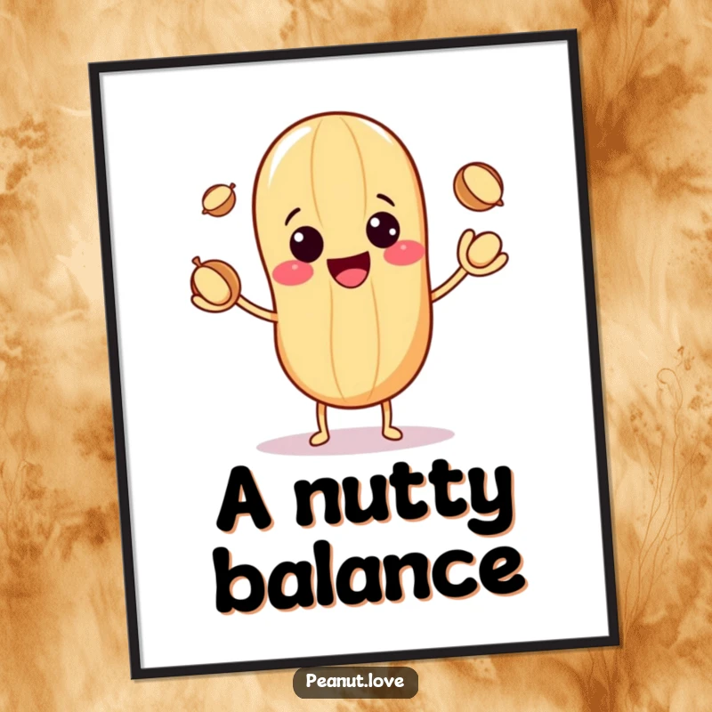 Funny digital art print of a cute kawaii peanut character with a cheerful grin, skillfully juggling three small nuts.