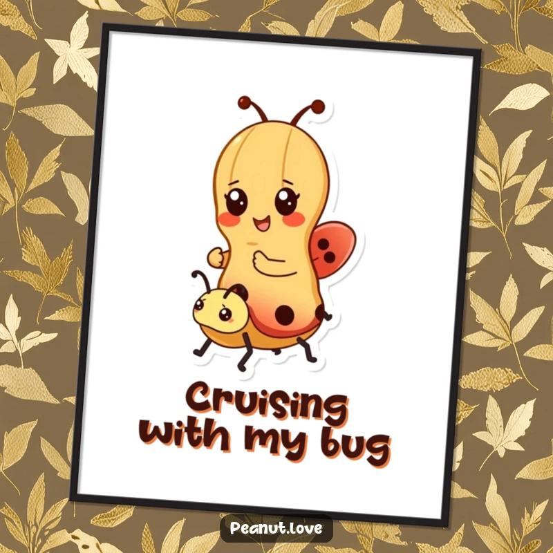 Funny digital art print of a kawaii peanut character riding a ladybug, offering instant cheerful wall decor; a gift.