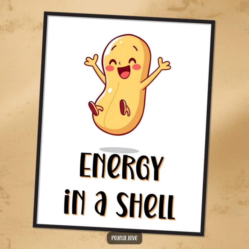 Funny digital art print of a happy peanut character kicking its legs exuberantly in mid-air, embodying pure energy.