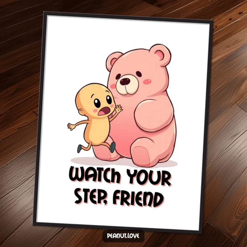 Funny digital art of a startled peanut character comically nearly tripping over a giant gummy bear, capturing a moment of pure, hilarious surprise.