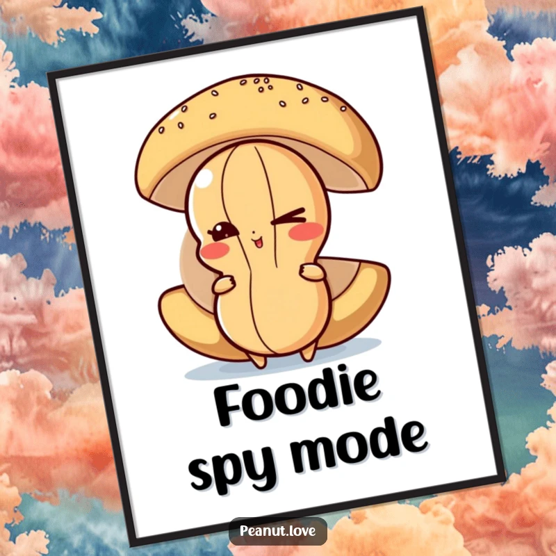 Funny Peanut Digital Art Print: A mischievous peanut character peeks out with a wink from behind a giant food item.