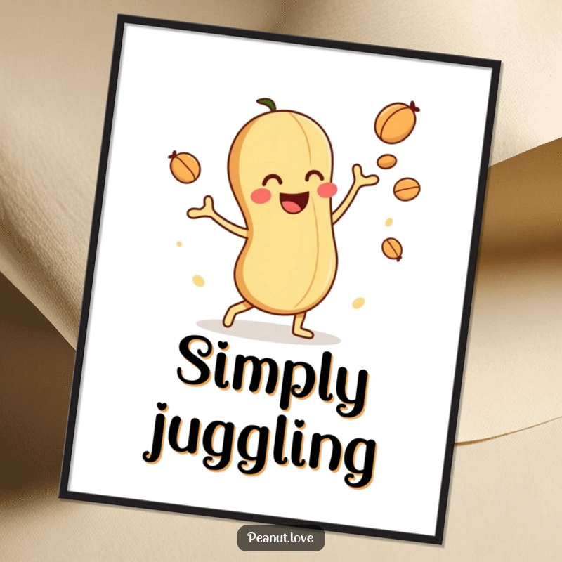 Funny digital art print of a playful peanut character joyfully juggling smaller nuts, capturing nutty entertainment and pure delight.