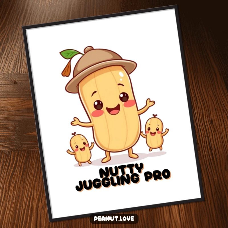 Funny digital art print of a peanut with a hat juggling smaller peanuts, brimming with cheerful energy.