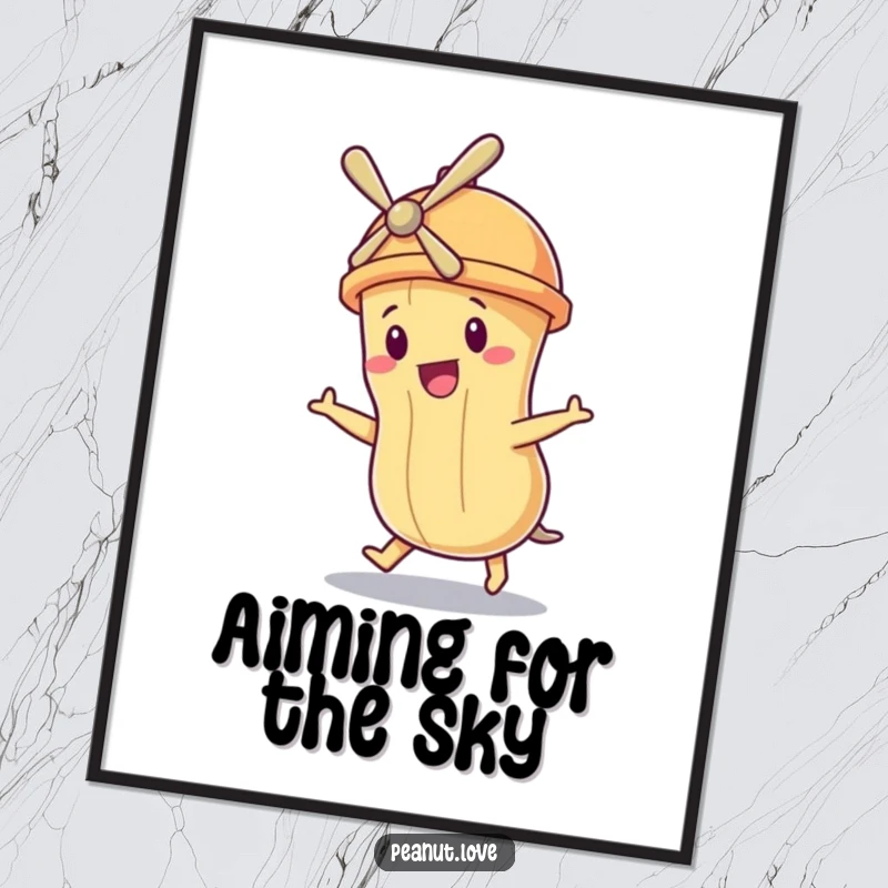 Funny digital art print of a peanut character in a tiny propeller hat, comically trying to achieve liftoff.