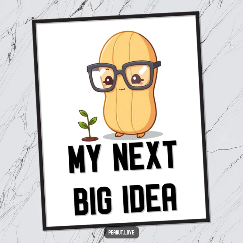 Funny peanut character with glasses, observing a tiny plant sprout, high-quality digital art print with humor.