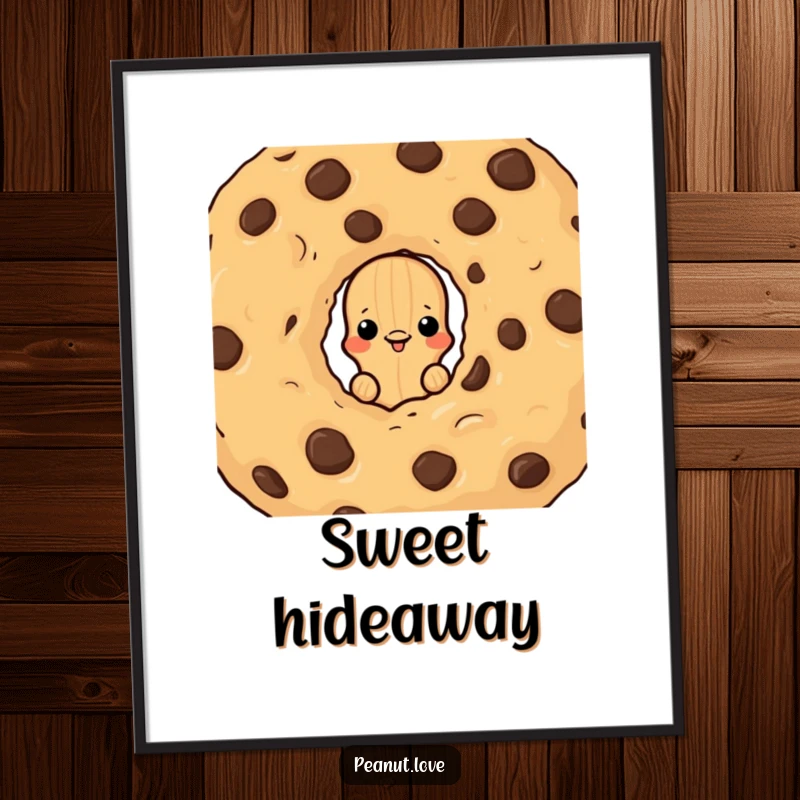 Funny digital art print of a peanut character peeking from behind a chocolate chip cookie, a humorous and sweet piece for walls.