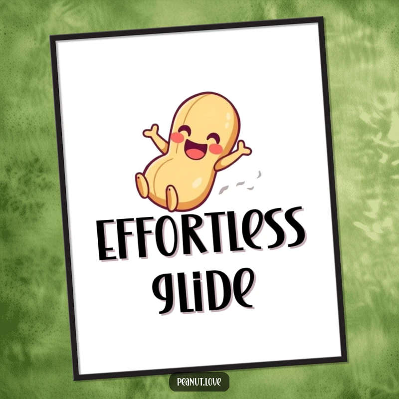 Funny digital art print of an anthropomorphic peanut character gleefully sliding down a smooth surface, embodying pure joy and momentum.