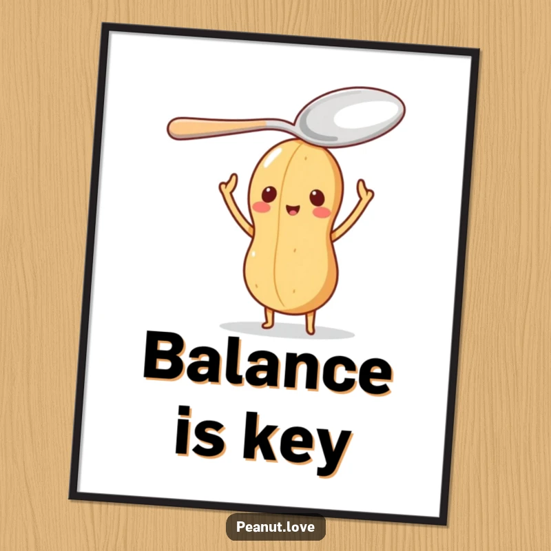 Funny digital art print of a little peanut character balancing an oversized spoon on its head, symbolizing stability.