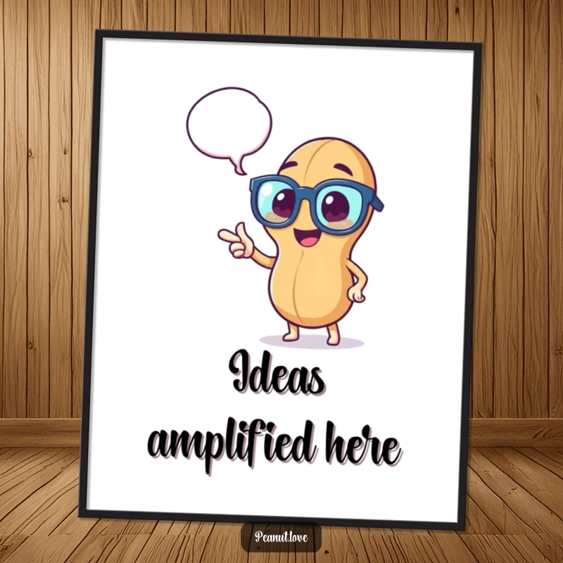 Funny digital art print of a peppy peanut in oversized glasses, pointing to a thought bubble, for instant intellectual humor.