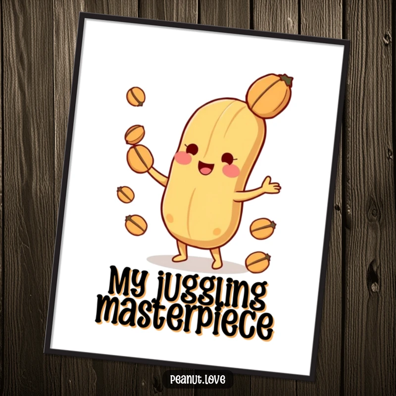 Funny playful peanut character digital art print, shown joyfully juggling nuts with impressive dexterity.
