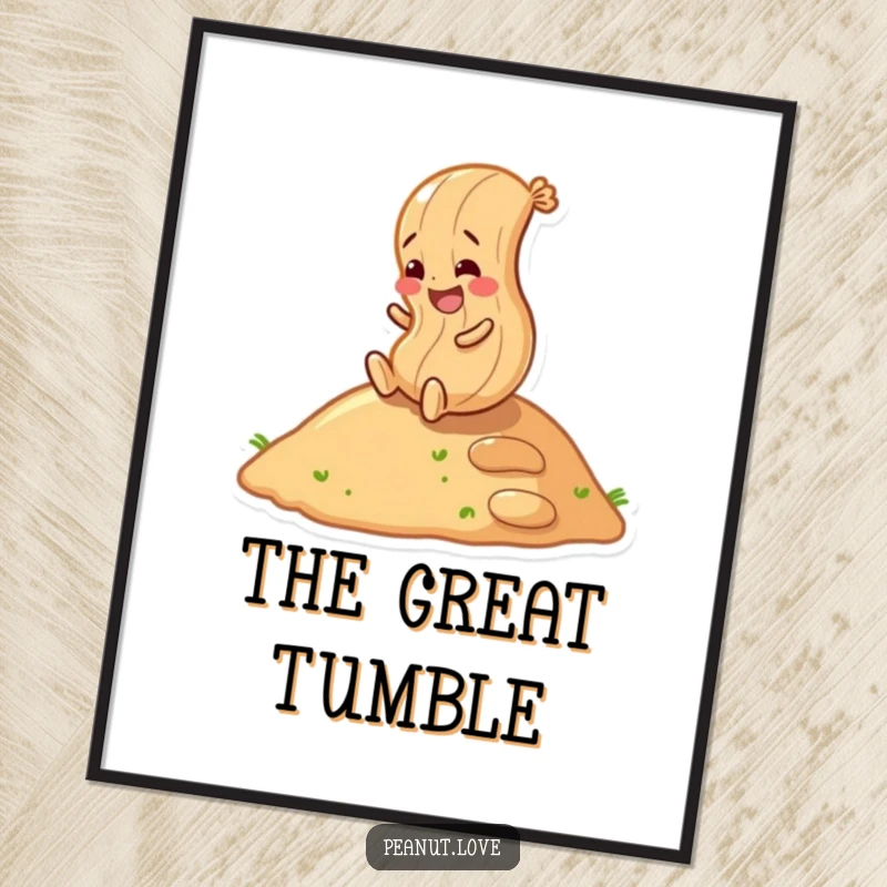 Funny peanut character joyfully rolling down a hill, digital art print, capturing a moment of pure, downhill fun.