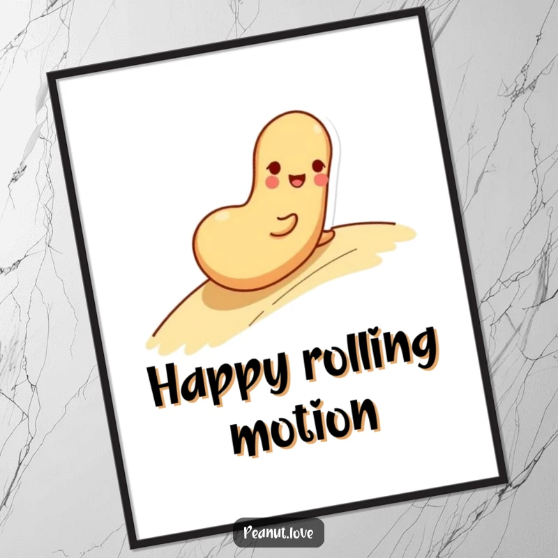 Funny digital art print of a playful peanut character happily rolling down a gentle slope with a big smile.