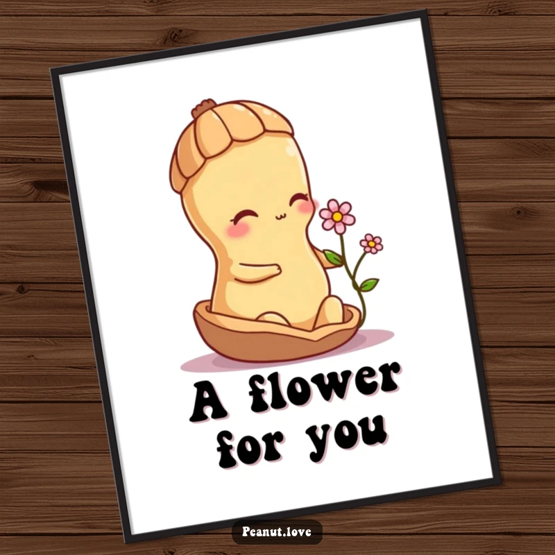 Funny shy peanut character bashfully offering a small flower from its shell, presented as downloadable digital art.