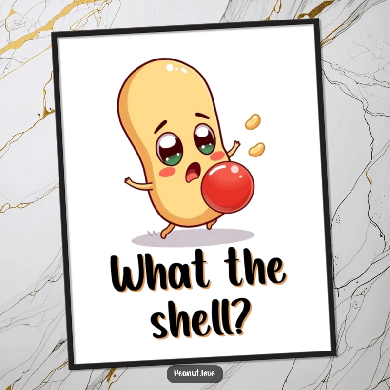 Funny surprised peanut digital art print of a character comically avoiding a falling jelly bean, ready to amuse, a funny gift.