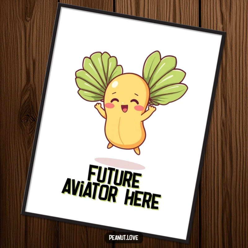 Funny digital art print of a peanut character determined to fly using fan leaves, a whimsical and humorous wall decoration.