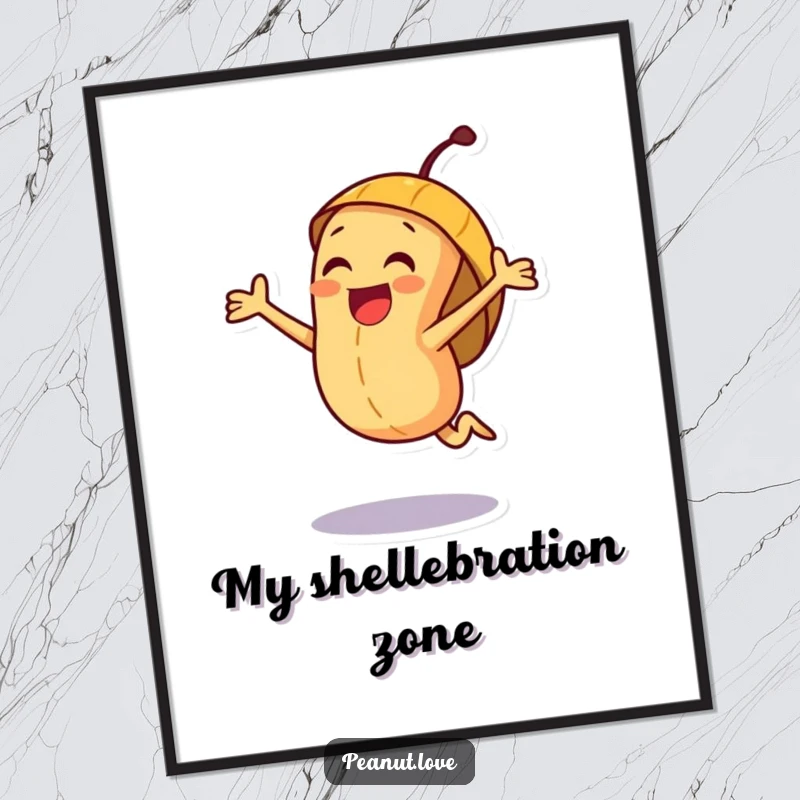 Funny joyful peanut character digital art print, depicted in a lively jump inside a radiant, cheerful shell.