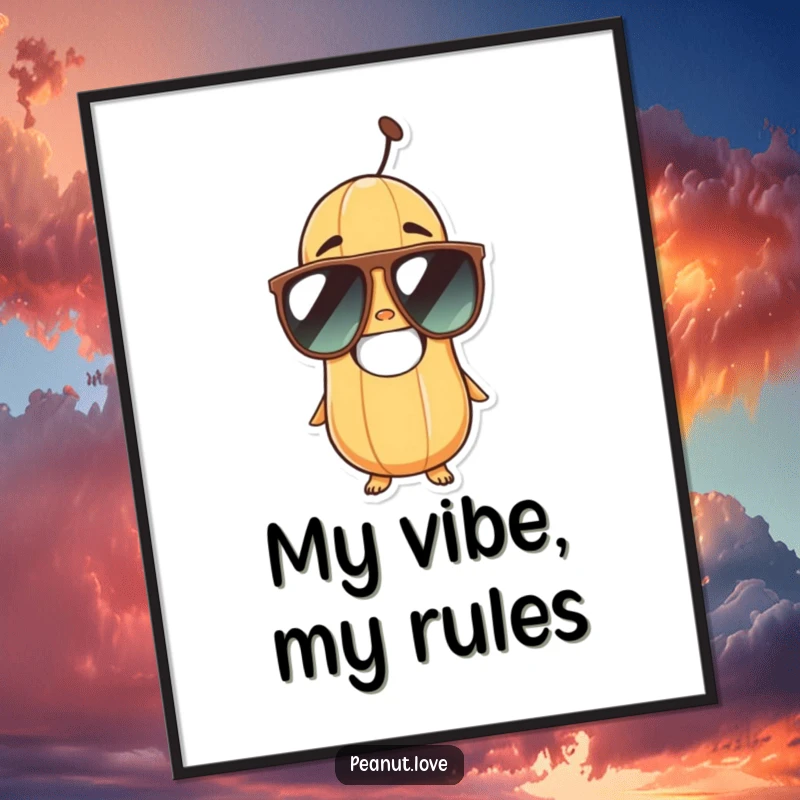 Funny peanut character with a wide grin and stylish sunglasses, depicted as a high-quality, downloadable digital art print.