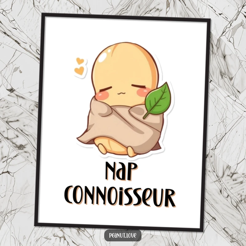 Funny Peanut Digital Art Print: A sleepy peanut character is comically wearing a tiny leaf as a blanket, symbolizing cozy rest.