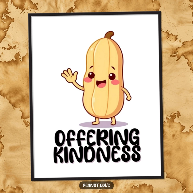 Funny Welcoming Peanut Digital Art: A peanut character waving hello and offering a leaf, downloadable art for funny, friendly, and cheerful wall decor.