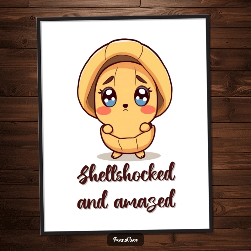 Funny digital art print of a peanut character peeking from its shell with wide, surprised eyes, ready to shock.