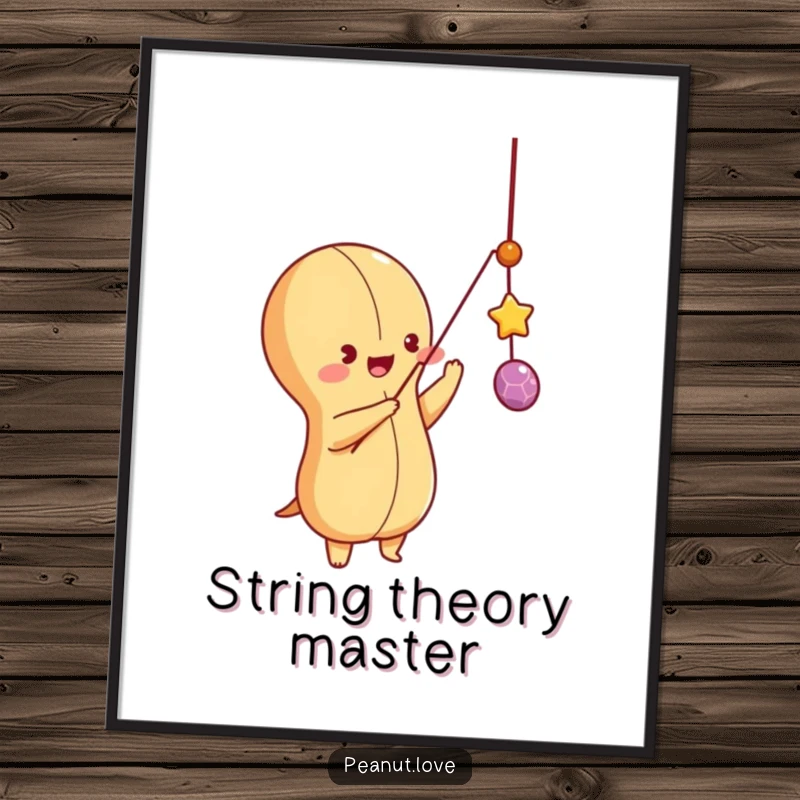 Funny peanut character playfully batting at a dangling string, digital art print, capturing a moment of pure, engaged fun.