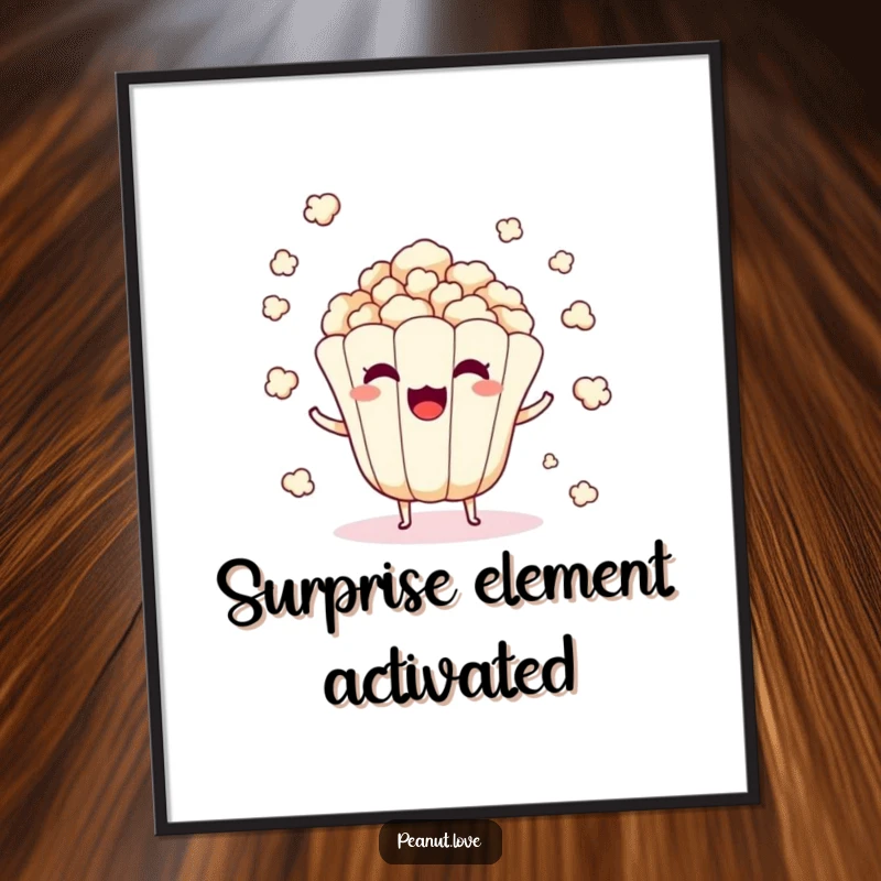 Funny digital art of a surprised popcorn kernel character popping and scattering kernels.