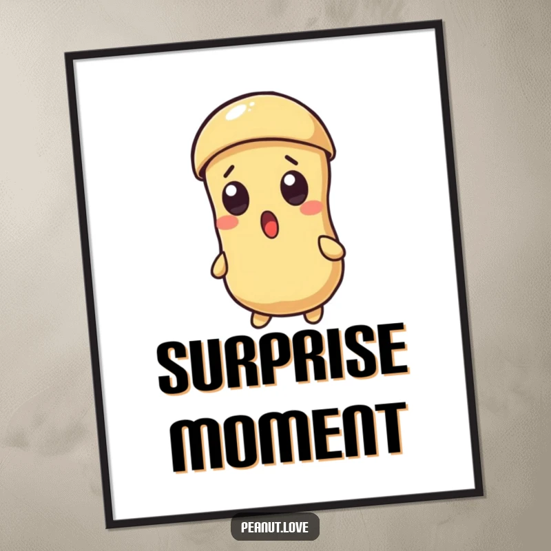 Funny digital art print of a surprised Kawaii peanut character with a cracking shell, ready to bring laughs.