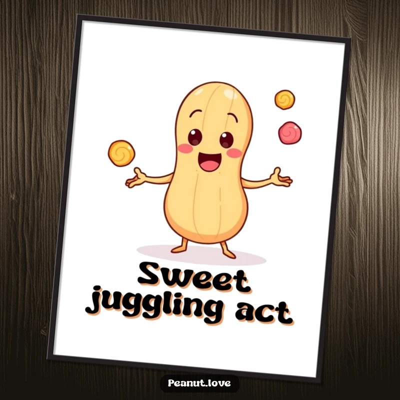 Funny Digital Print of a Cheerful Peanut Character Juggling Tiny Bouncing Candy Pieces, Perfect for Spreading Joy
