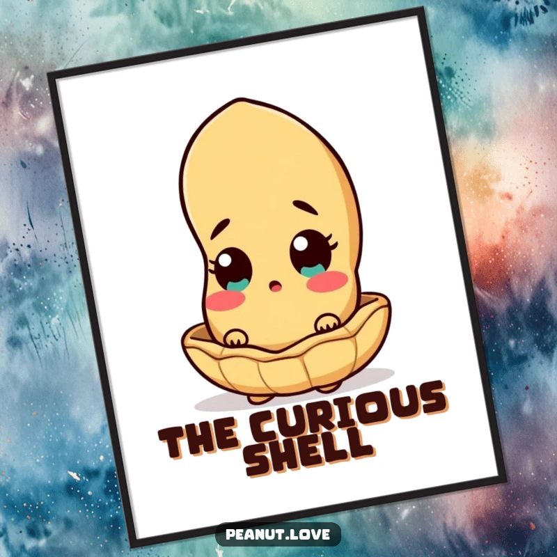 Funny peanut character peeking out from its shell with surprise, digital art print, conveying amusing astonishment.