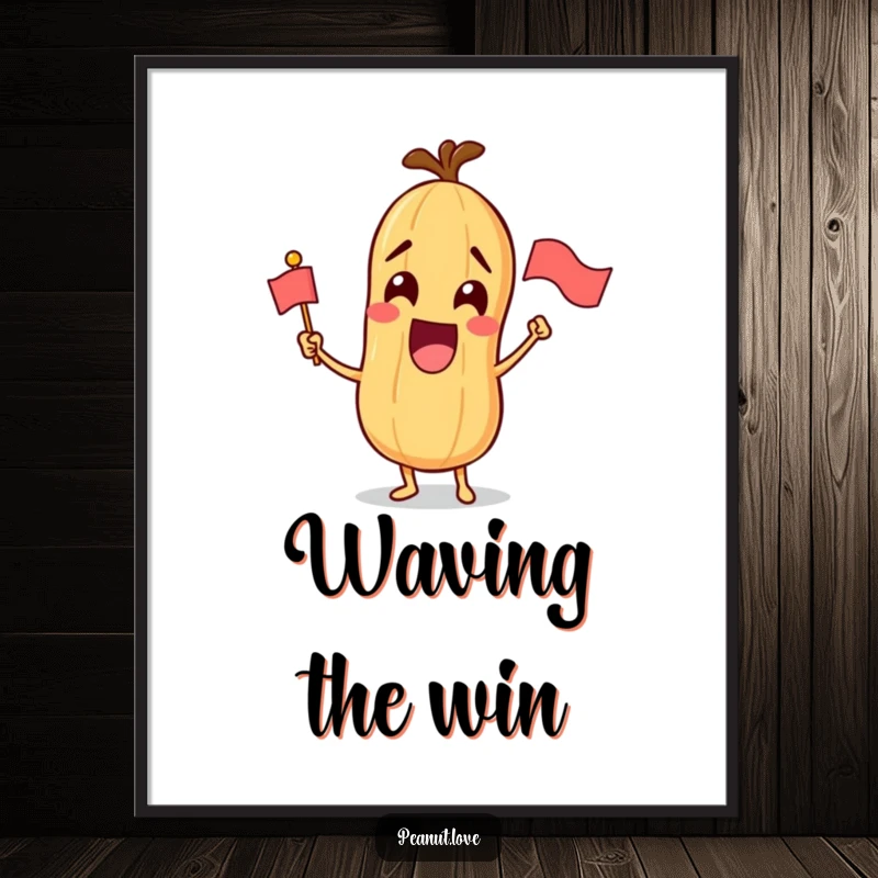 Funny digital art print of an excited peanut character joyfully waving a miniature flag, radiating pure celebration.