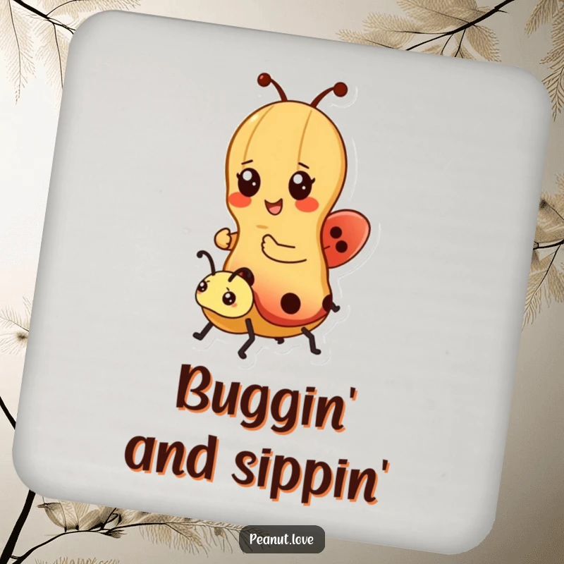 Funny coaster with a kawaii peanut character riding a ladybug, offering cheerful design for drink surfaces; a great gift.