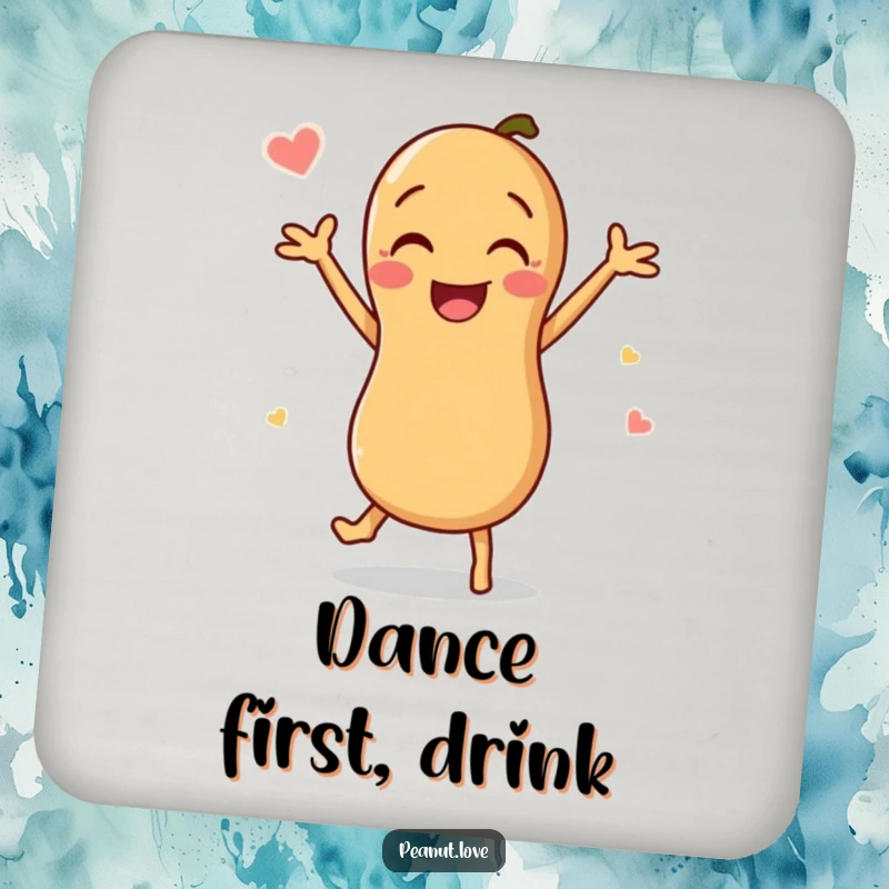 Funny Peanut Coaster: A happy peanut character is shown dancing energetically, protecting your surfaces with joy.