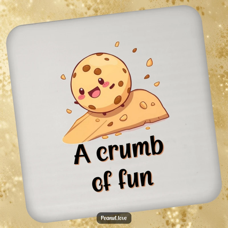 Funny cookie character joyfully rolling down a crumb-filled hill on humorous drink coasters, protecting surfaces.