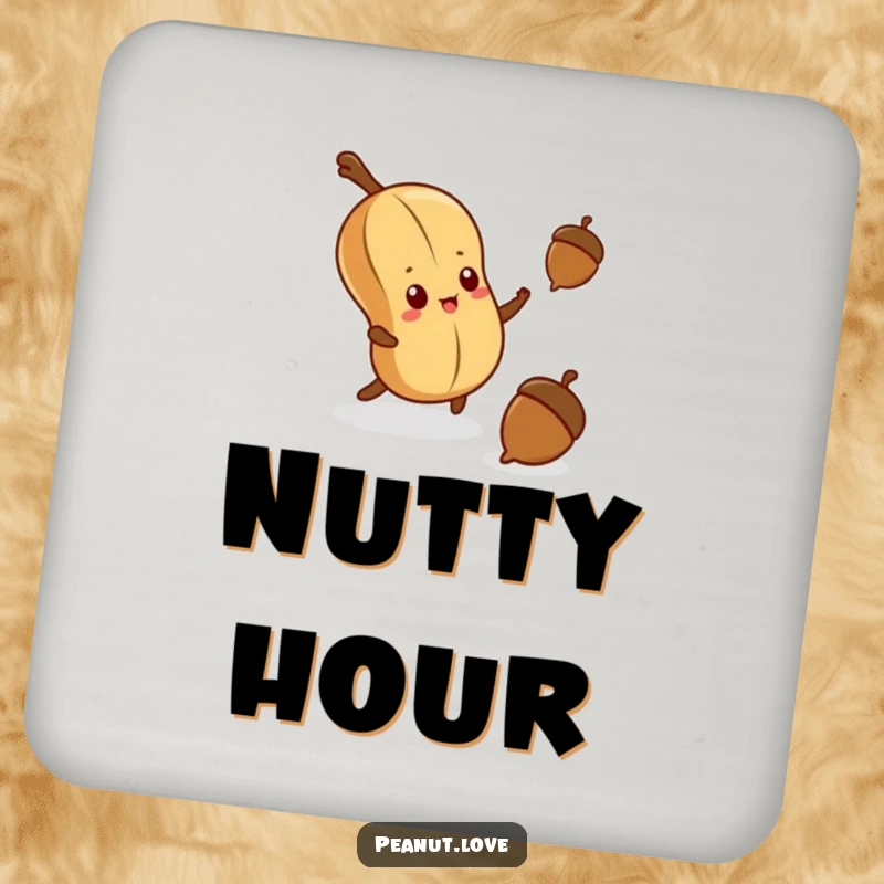 Funny coaster set with a determined kawaii peanut reaching for a falling acorn, adding a humorous touch to drink service.