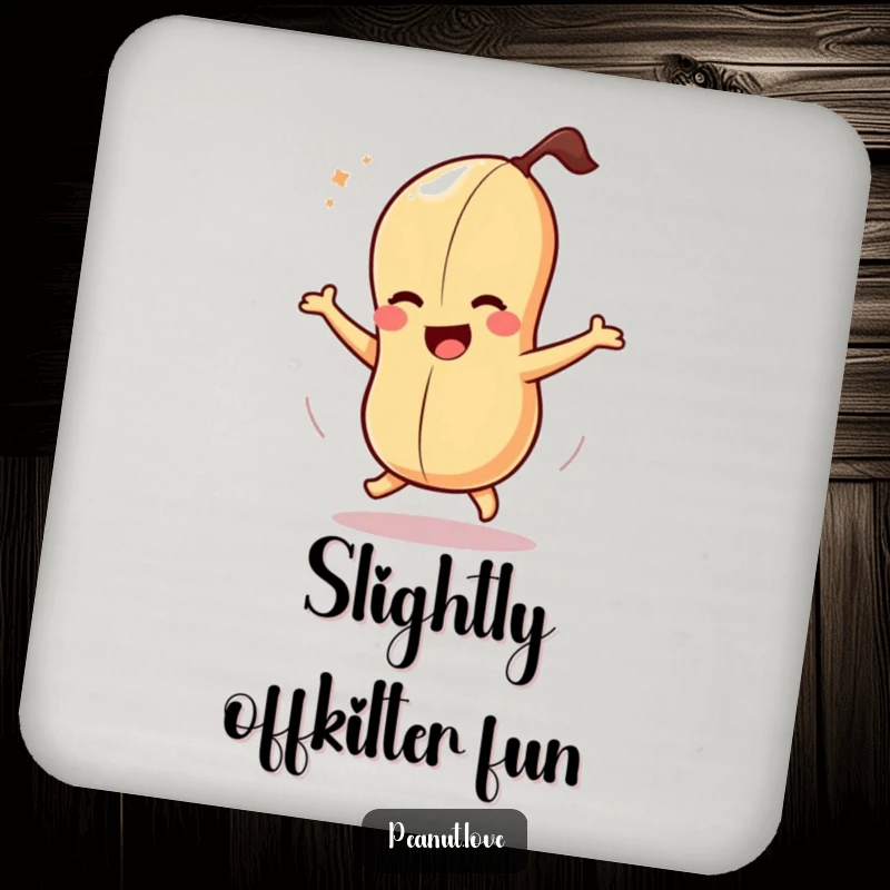 Funny drink coaster featuring a dizzy peanut character spinning with pure, comical joy.
