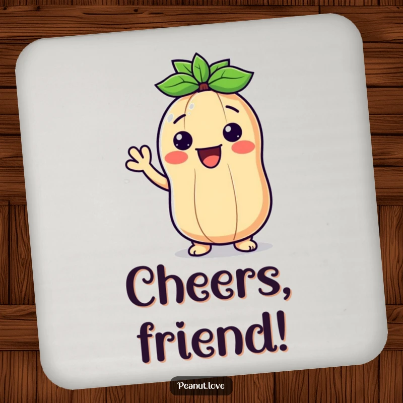 Funny coaster featuring a smiling Kawaii peanut character waving hello, protecting tables with cheerful humor.
