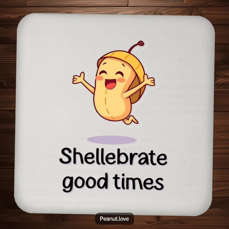 Funny joyful peanut character drink coaster, captured mid-jump with excitement inside a cheerful, protective shell.