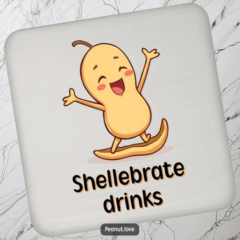 Funny drink coaster featuring a joyful peanut character jumping with excitement in its shell, offering nutty charm and protection.