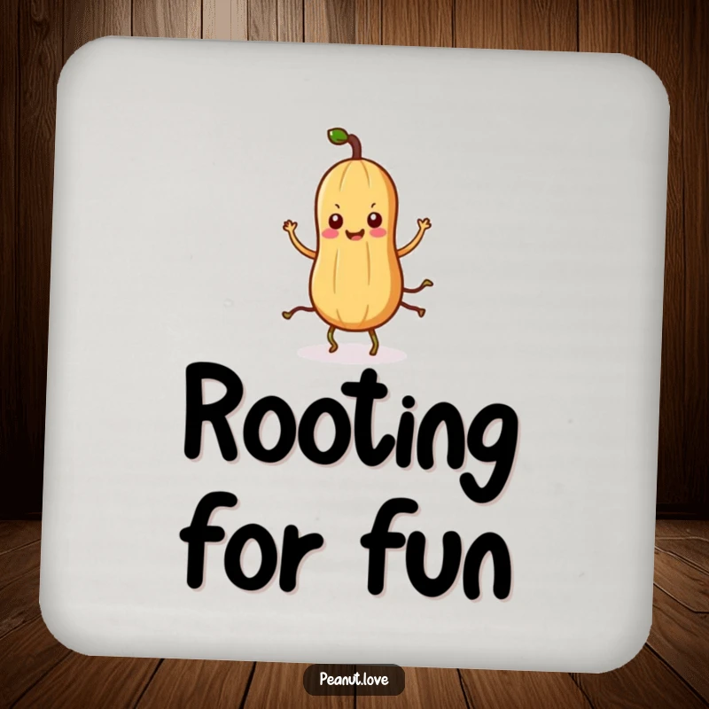 Funny Kawaii peanut drink coasters featuring a cute character with root legs doing a silly dance, protecting surfaces.