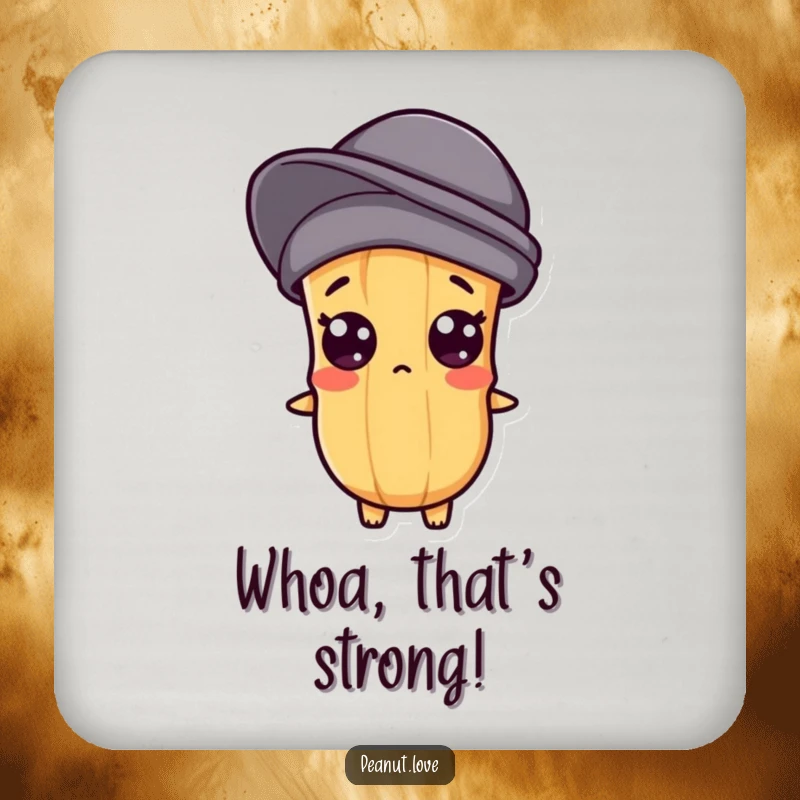 Funny drink coaster with a Kawaii peanut character whose eyes are popping in surprise, adding humor to surfaces.