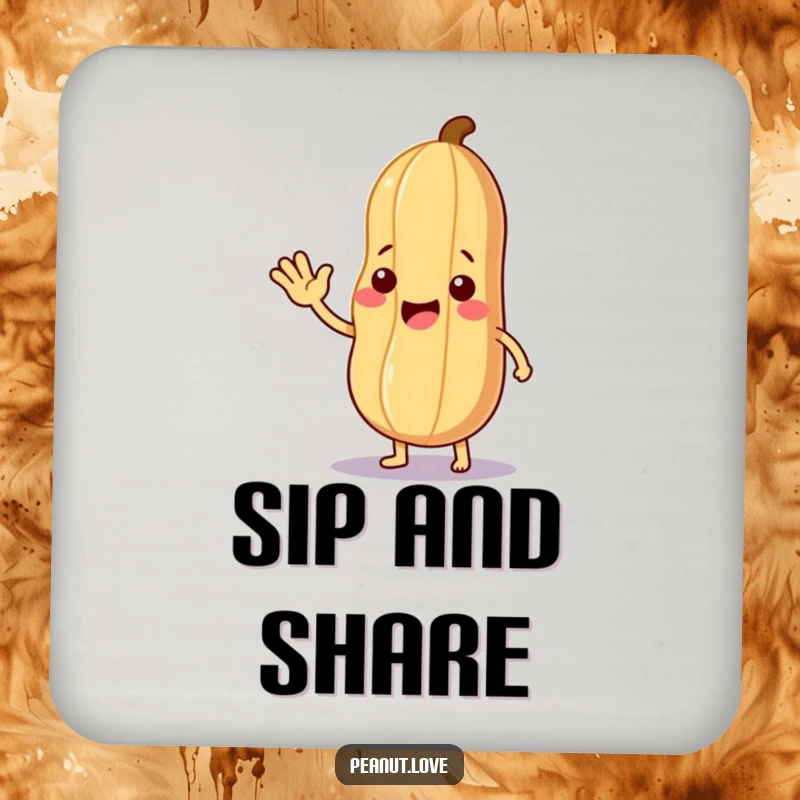 Funny Nutty Wave Coaster: A peanut character waving hello and offering a leaf, offering funny, kind, and reliable surface protection.