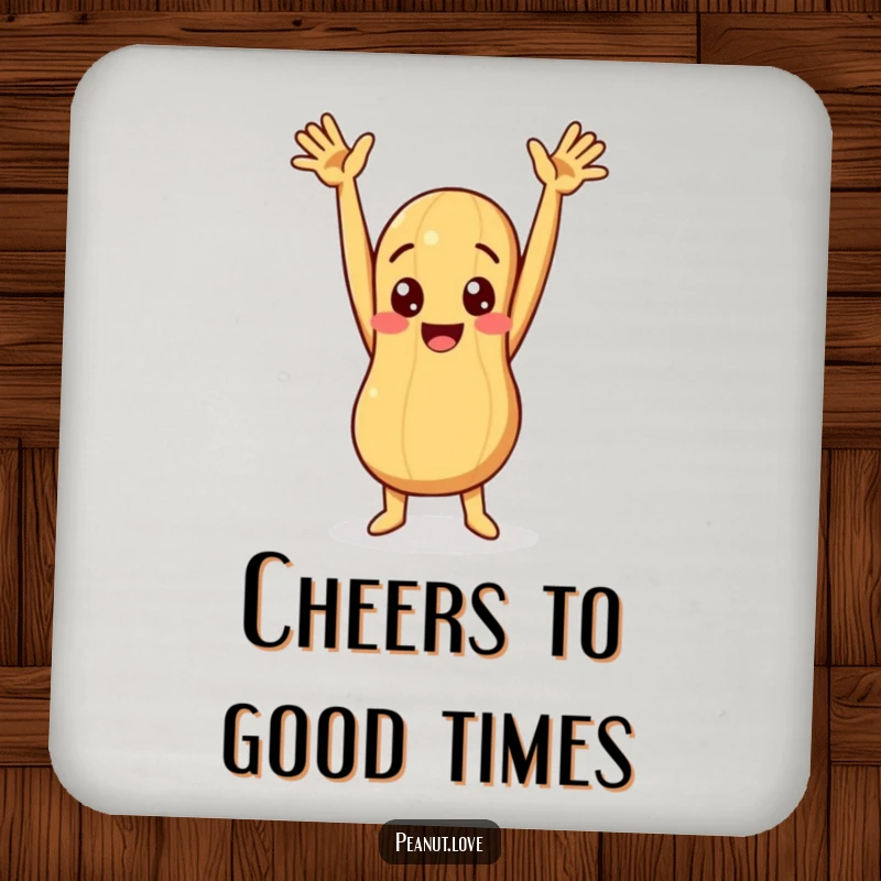 Funny drink coaster featuring a peanut character with arms raised in a humorous, celebratory pose.