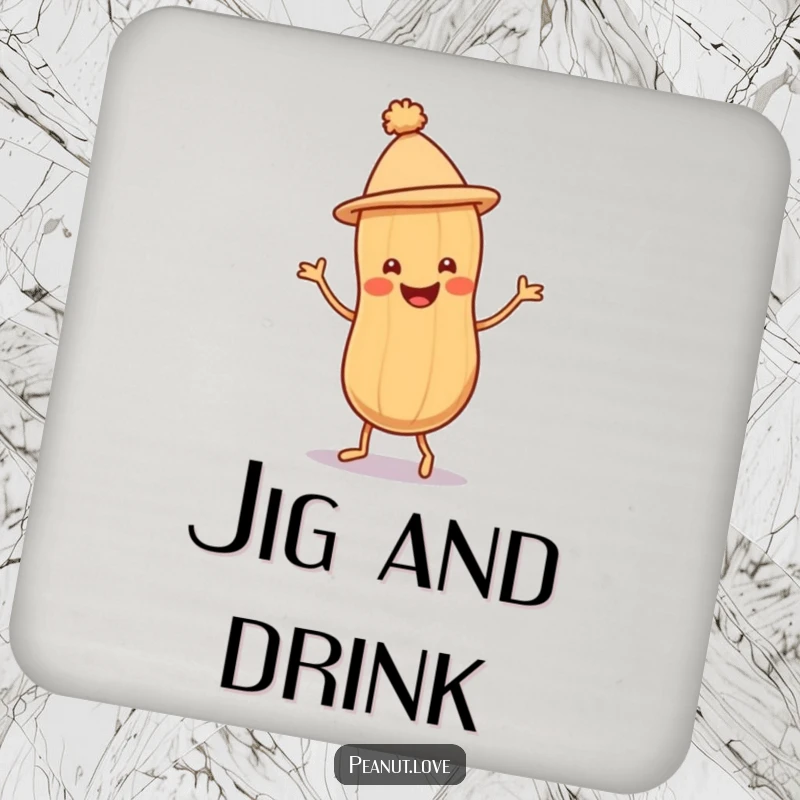 Funny Peanut Jig Coaster featuring a smiling peanut character in a tiny hat doing a joyful jig, protecting drinks.