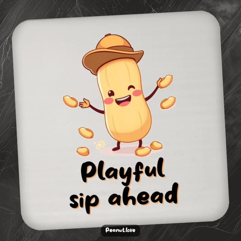 Funny drink coaster featuring a tiny peanut in a hat, juggling peanuts with a wide grin, for humorous surface protection.