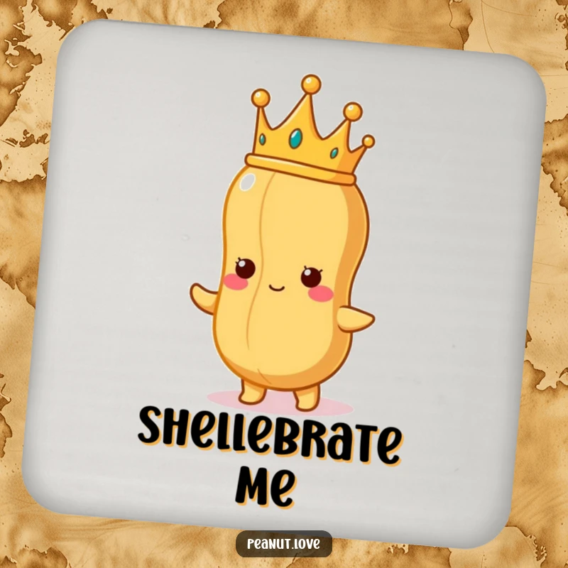 Funny Peanut King Coaster: A proud peanut character with a tiny crown, looking at a perfect peanut, offering regal and funny surface protection.