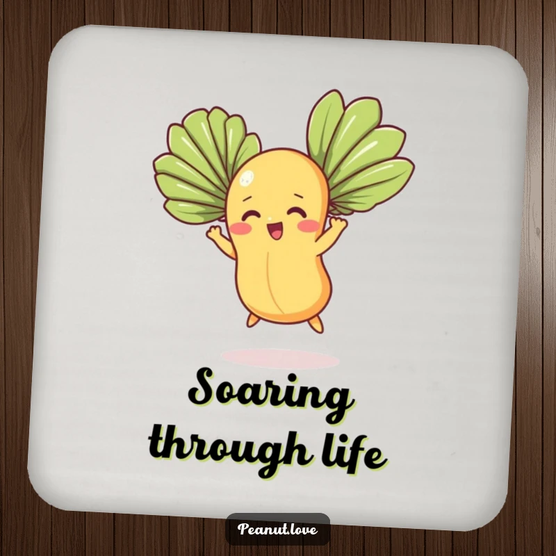 Funny coaster featuring a determined peanut character trying to fly with fan leaves, a small but humorous surface protector.